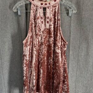 Pink Crushed Velvet Halter V-Neck Tank Top Flowy Moto Edgy Romantic Goth Glam Lg